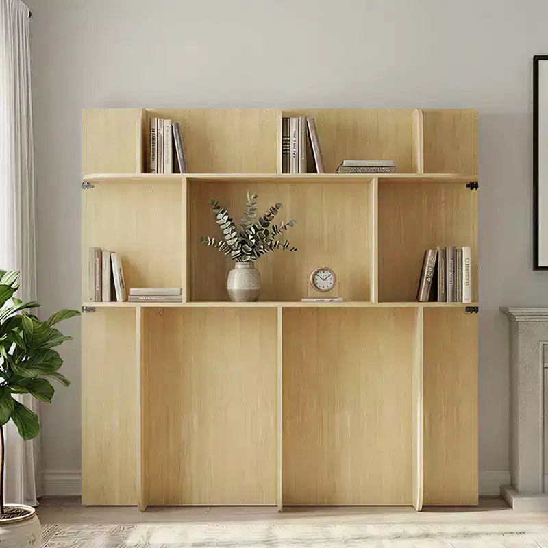 Lit escamotable 2-en-1 invisible Murphy avec étagères de rangement, Grand lit (Queen), Bois naturel (Matelas non inclus)