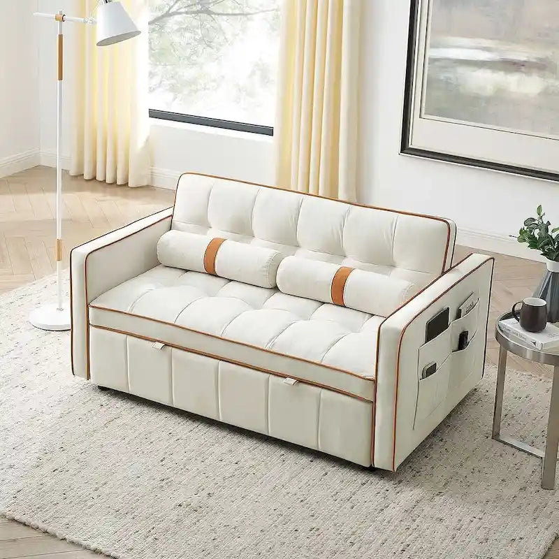 Velvet Multi-Functional Pull-Out Sofa Bed Adjustable Reclining Backrest With Pillows - N/A