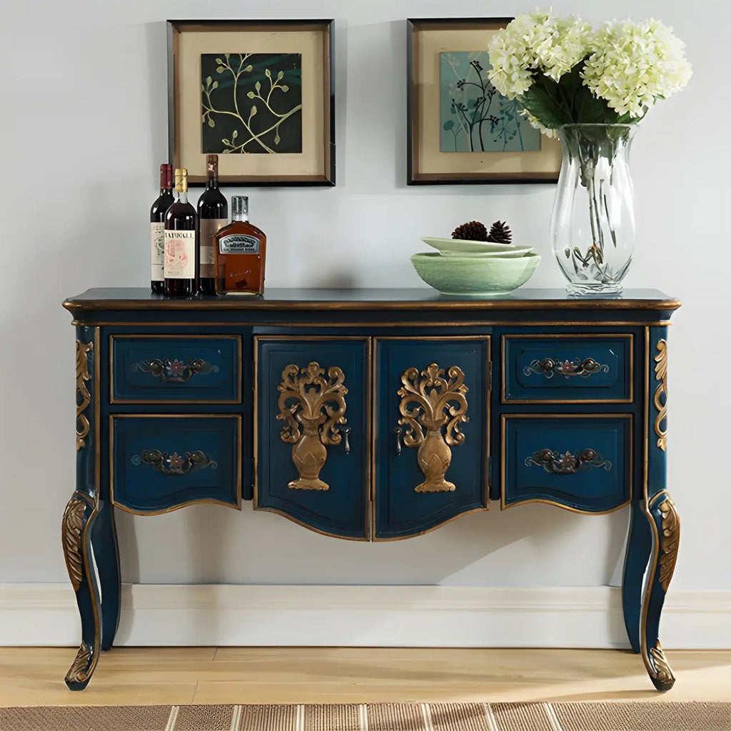French Coffee Wood Storage Console Table with Drawers
