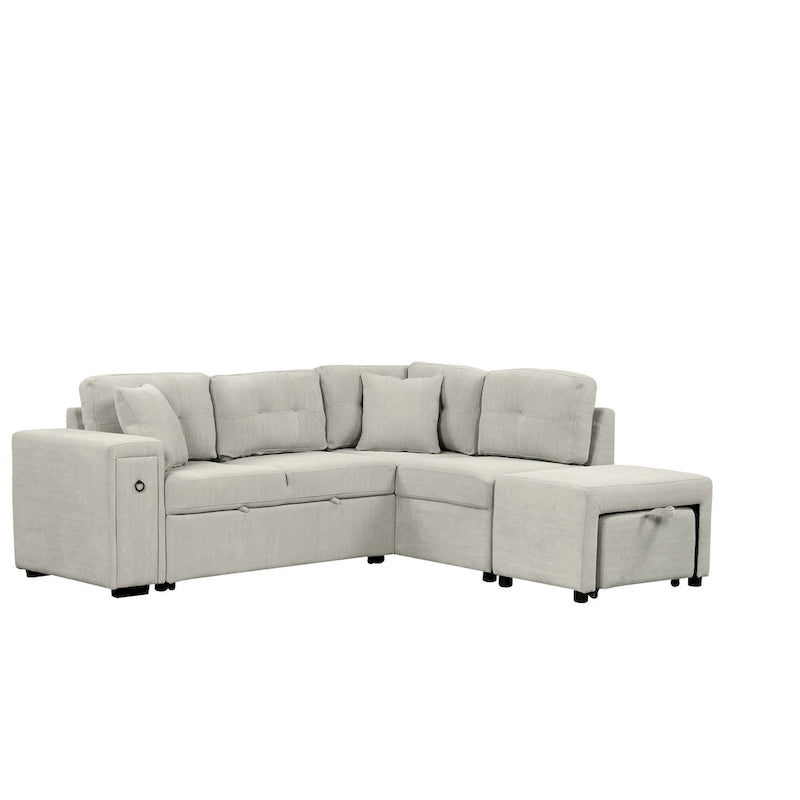 Canapé d'angle 4 places avec lit gigogne, pouf, ports USB et tablette rabattable
