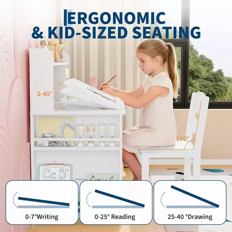 Kids Study Desk & Chair Set with Storage, Kids Study Desk with Hutch and Tiltable, Wooden Children Table with Storage Cabinet for 3-8 Years Old