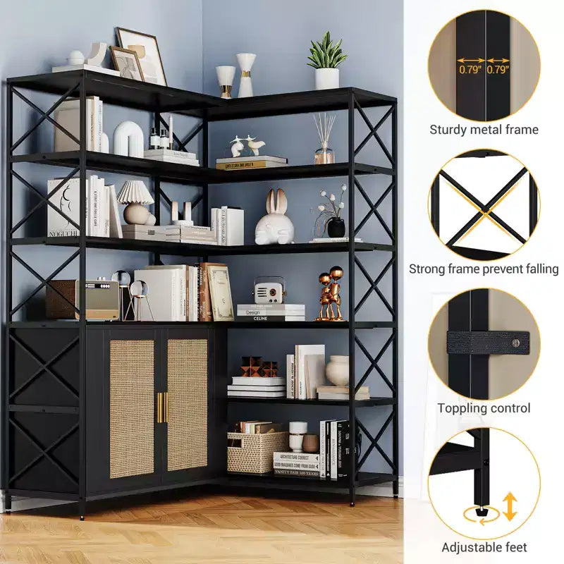 Corner Bookshelf - 6 Tier Corner Book Shelf with Storage, Farmhouse L Shaped Book-Shelf with Cabinet, Modern Industrial Bookcase for Home Office