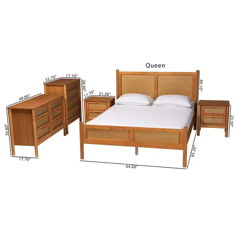 Baxton Studio Jenn Golden Brown Wood Japandi 5-Piece Queen Size Bedroom Set with Distressed-Finished Rattan