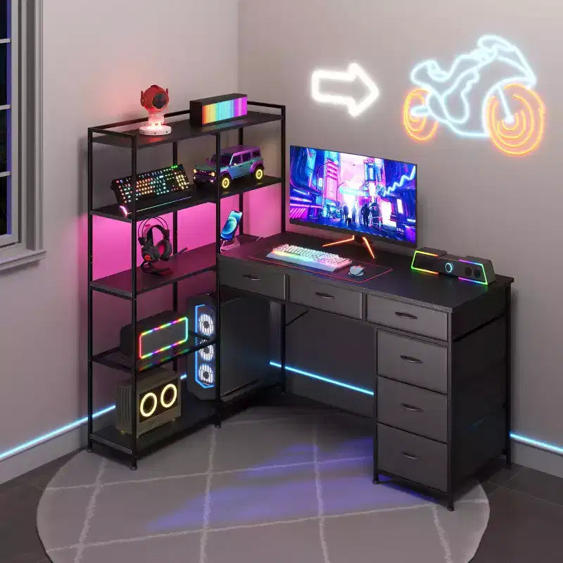 47 L-Shaped Computer Desk with 6 Drawers & 5-Tier Shelves, Reversible Corner Gaming Desk with LED Lights & Power Outlets