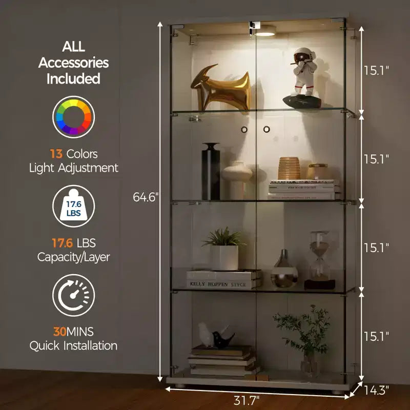 4-Tier Tempered Glass Display Cabinet, Full-Glass Curio Case with LED Lights & Human Body Sensor, Storage Cabinet for Collectibles & Decor