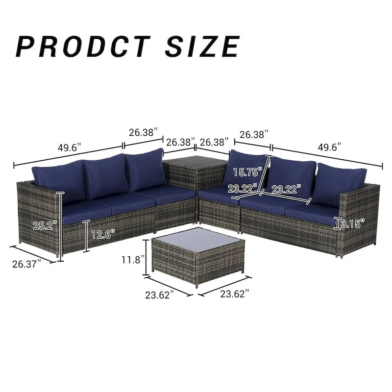 6-Piece Wicker Sectional Sofa Set with Corner & Glass Table