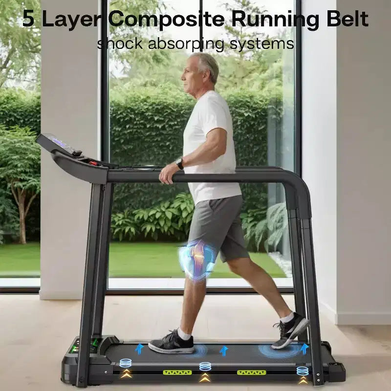 Foldable Walking Pad Treadmill for Seniors, Safe Stable Design with Long Handrail, Large LED Display, 300Lbs Weight Capacity