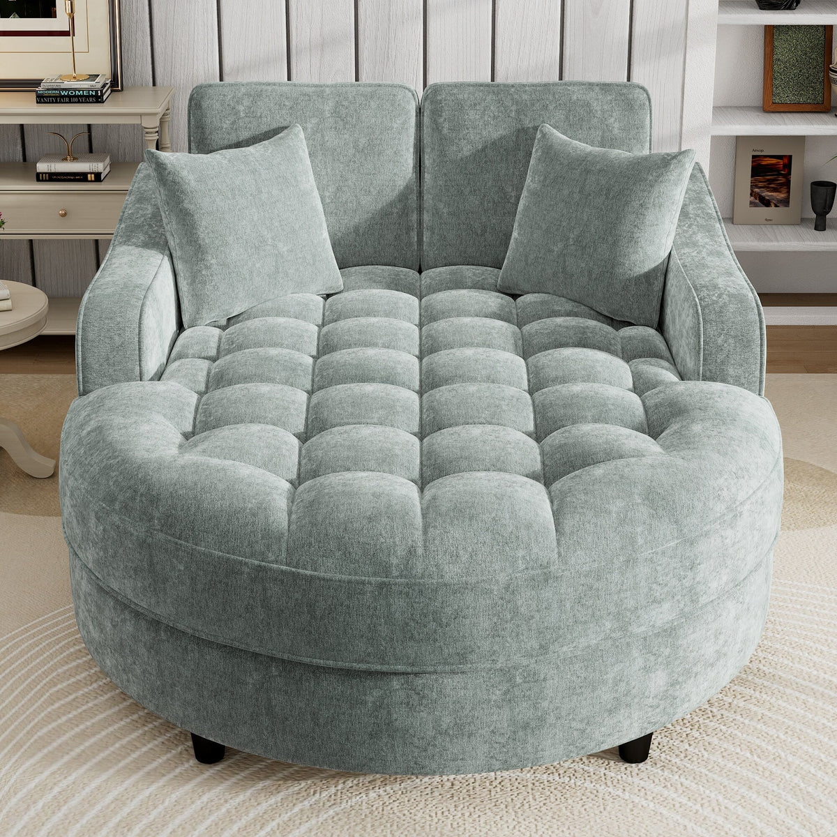 Chenille Chaise Lounge Sofa Bed, Upholstered Sofa Couch with Tufted Backrest and 2 Detachable Pillows for Living Room