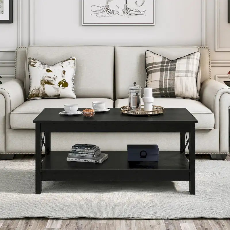 Farmhouse Wood Accent Coffee Table with Large Storage Shelf