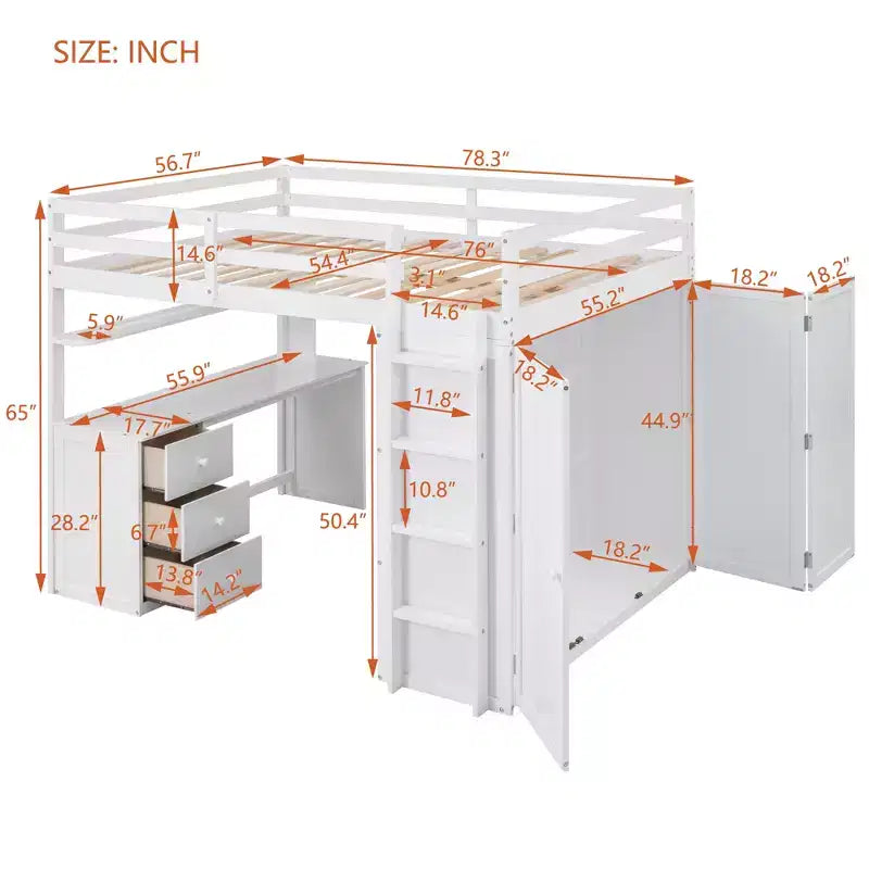 CLIHOME Full size Loft Bed with 3 Storage Drawers, Desk and Wardrobe