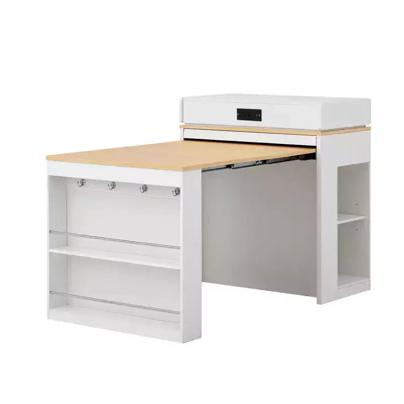 Whisen Extendable Dining Table, Mobile Rolling Island Table with 3 Removable Middle Leaves, Storage Cabinet