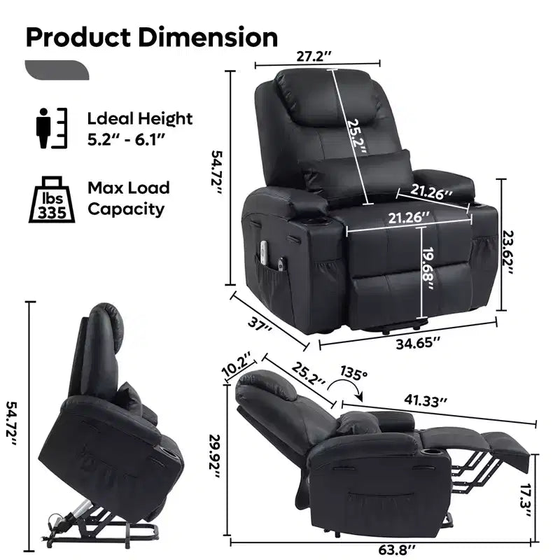 Bestier 34.6 Electric Power Lift Asist Recliner Chair with Massage and Heat, Fax Leather Reclining Chair with Side Pockets & Cup Holders