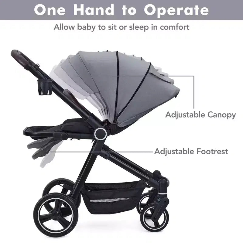 Baby Stroller, Foldable Stroller - High Landscape Pushchair for Newborn & Toddler, Convertible Pram with Reversible Backrest