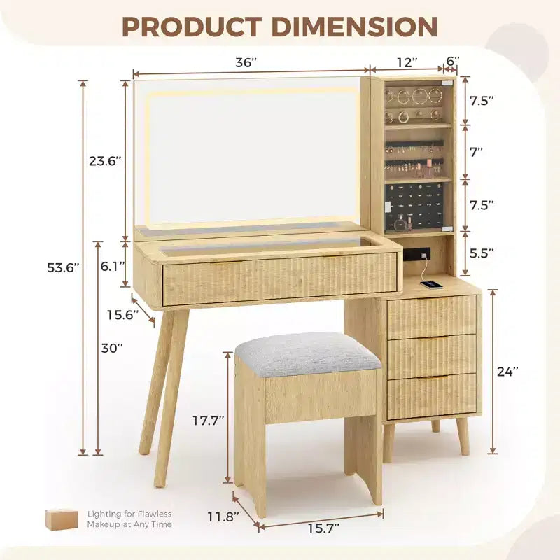 Coiffeuse cannelée de 122 cm avec miroir et lumières LED, station de charge, tabouret de rangement rembourré pour chambre à coucher