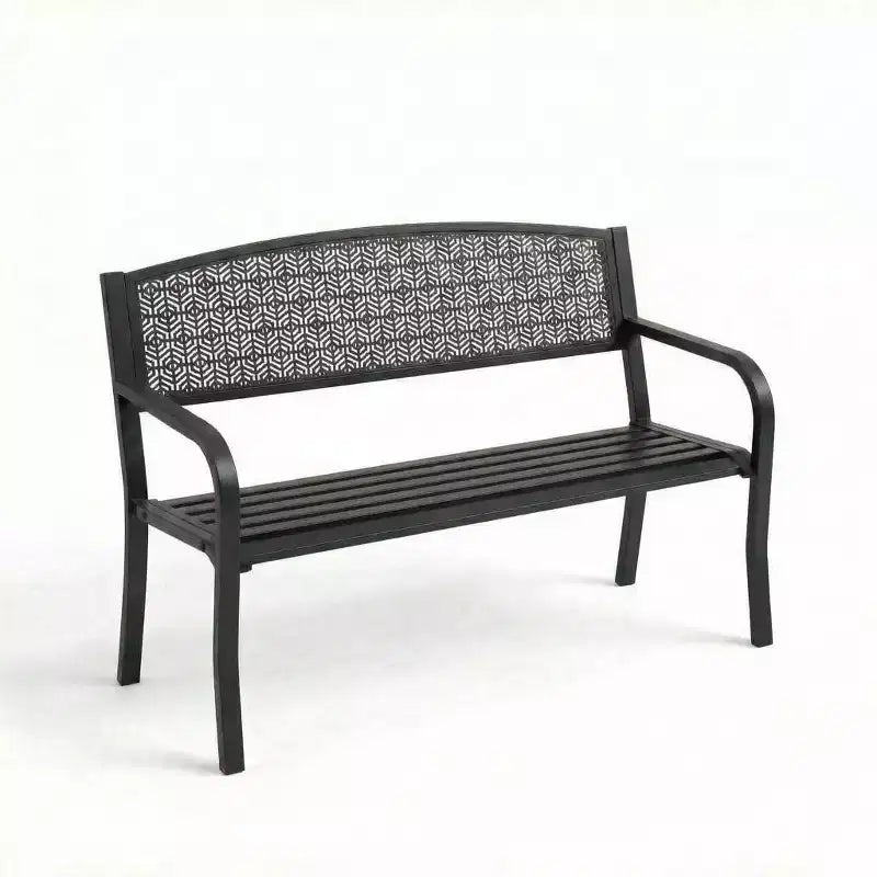 2 Person Metal Outdoor Bench for Garden, Steel Benches Furniture with Geometric Backrest for Patio, Garden & Porch