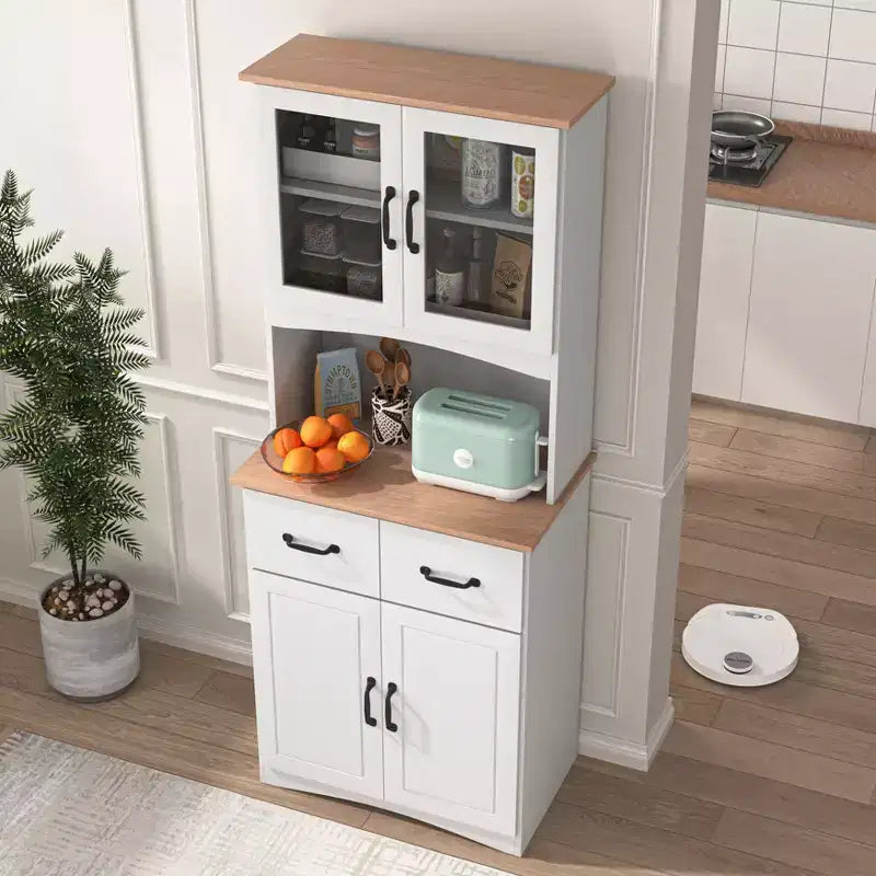 23 Wooden Kitchen Cabinet, Pantry Microwave Cabinet with Glass Doors and Drawers, Adjustable Shelves, White
