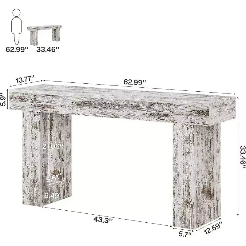 63 Farmhouse Console Table, Rectangular Wooden Accent Table in Distressed White for Entrance, Hallway & Living Room.