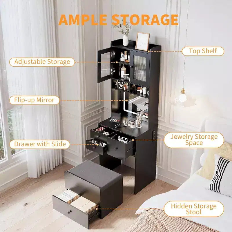 3-in-1 Makeup Vanity Desk with Lighted Mirror, Compact Vanity Table with Drawers, Storage Compartment & Rolling Stool for Bedroom