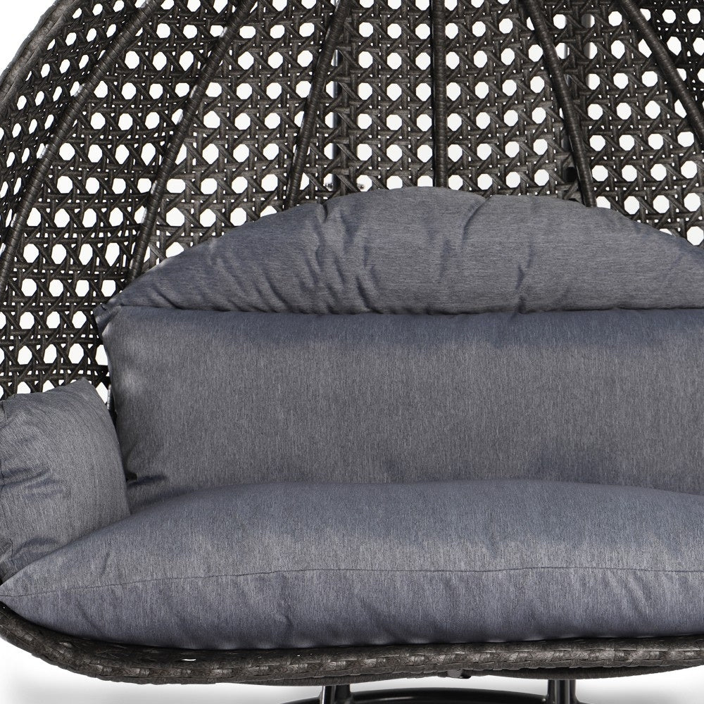 LeisureMod 2 Person Hanging Egg Chair with Stand - Outdoor/Indoor Rattan Wicker Patio Swing Hammock Lounger with Cushions