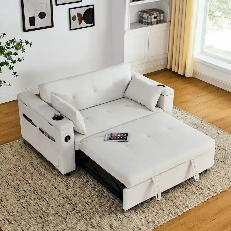 54 Pull-Out Sleeper Sofa Bed, 2 Seat Recliner Sofa Bed with Storage, Lumbar Pillow, USB Power Outlet