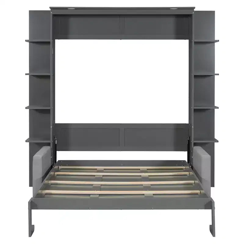 Queen Murphy Bed Wall Bed with Sofa, Queen Size Cabinet Bed Folding Wall Bed with Bookshelf and Shelves for Guest Room Office