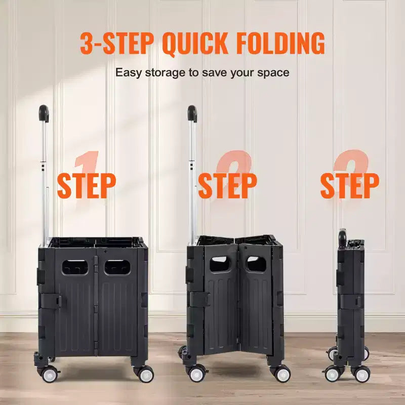 Chariot utilitaire pliable, capacité de charge de 110 lb, caisse roulante portable pliable avec poignée télescopique robuste et 4 roues pivotantes