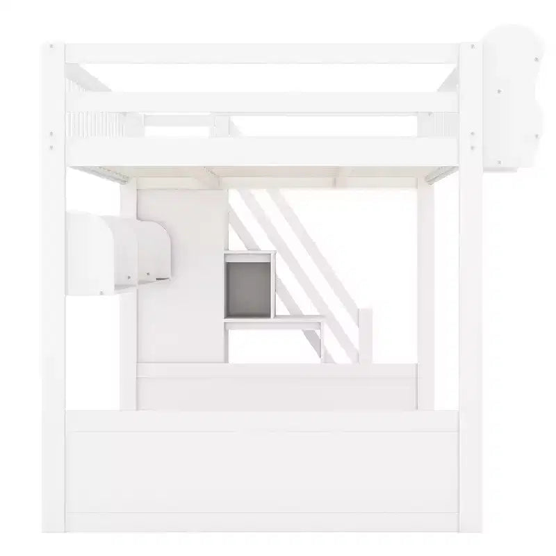Queen Loft Bed Frame with Staircase, Wardrobe & Storage Shelves - MDF, 650 lb