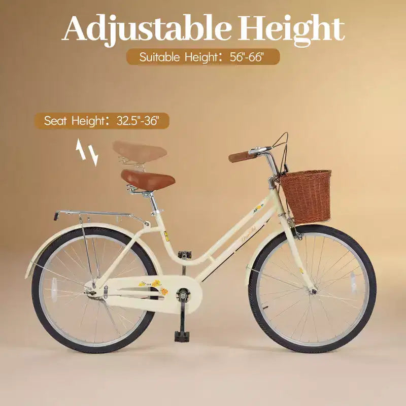 Gymax 24-Inch Beach Cruiser Bike w/Adjustable Seat Woven Basket & Rear Rack for City