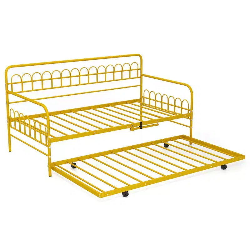 Costway Twin Daybed with Trundle Curved Backrest & Armrests Heavy-duty Metal Slats Black/Gold
