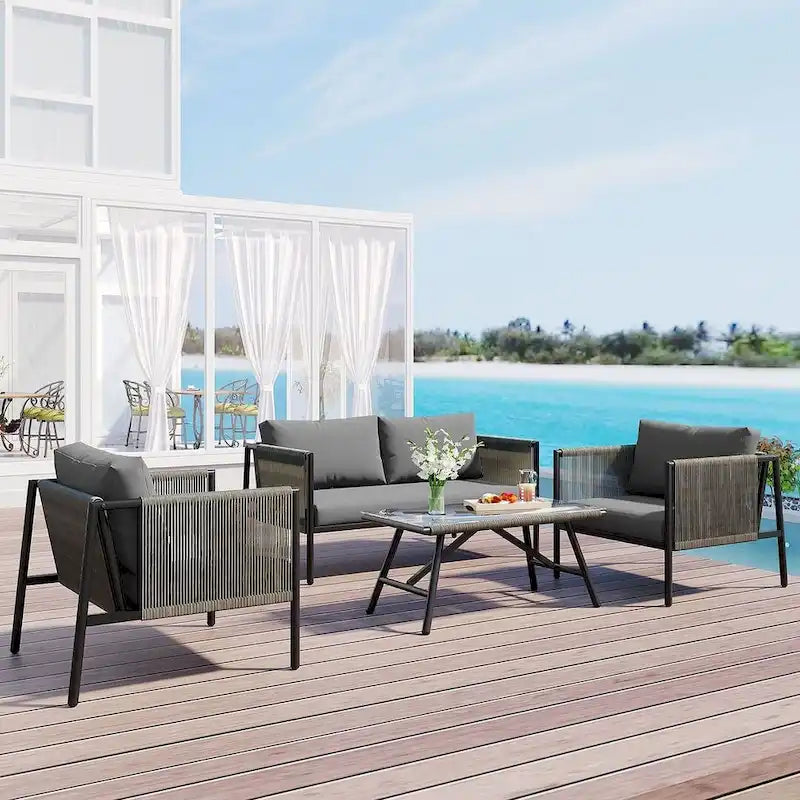 4 PCS Outdoor Rope Patio Set for 4 with Cushions and Glass Table