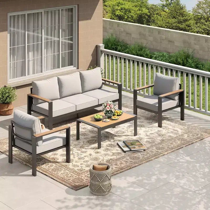 Aluminum Patio Furniture Set, Outdoor Sectional Sofa with 5 Thick Cushions, 4 Armrests & Coffee Table for Garden, Deck, Backyard