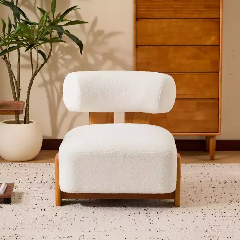 Modern Boucle Accent Chair with Rolled Backrest, Solid Wood Frame, Upholstered Accent Seating for Living Room, Bedroom, or Office