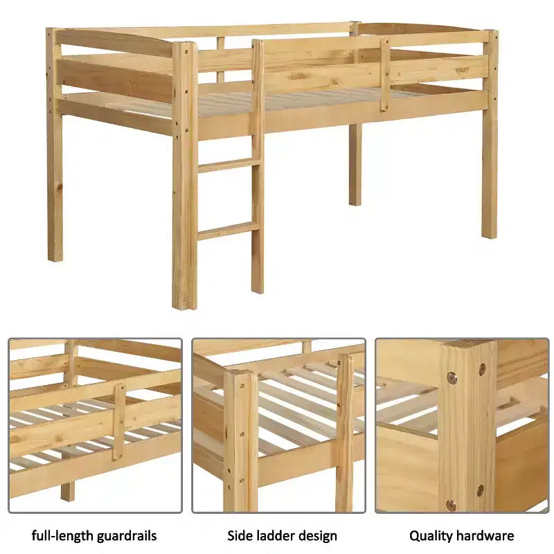 Luxystar Twin Size Solid Wood Loft Bed with Ladder and Fence for Kids Room