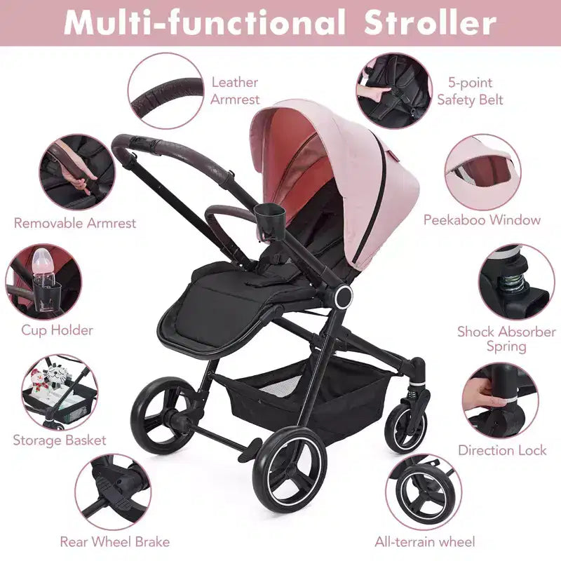 Baby Stroller, Foldable Stroller - High Landscape Pushchair for Newborn & Toddler, Convertible Pram with Reversible Backrest