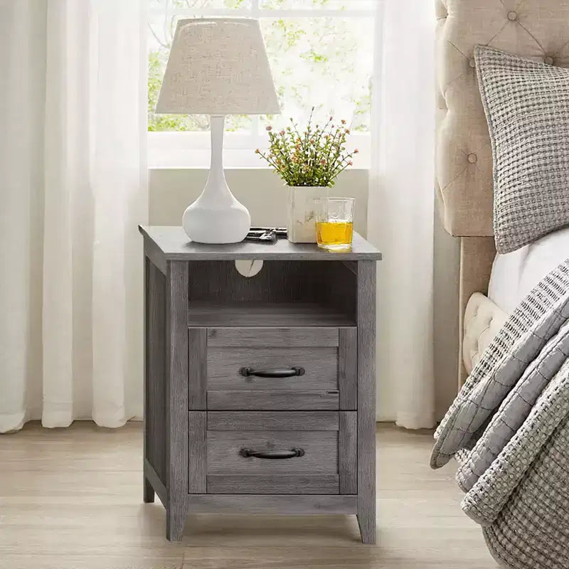 Set of 2 Farmhouse Nightstands with USB Charging - 2-Drawer Bedside Tables, Rustic Modern Design