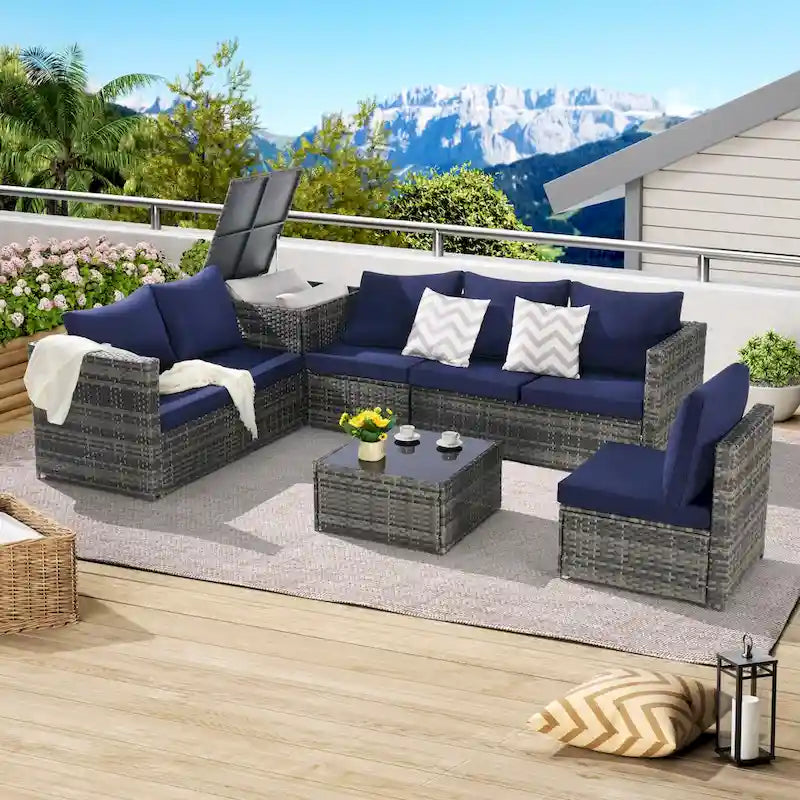 6-Piece Wicker Sectional Sofa Set with Corner & Glass Table