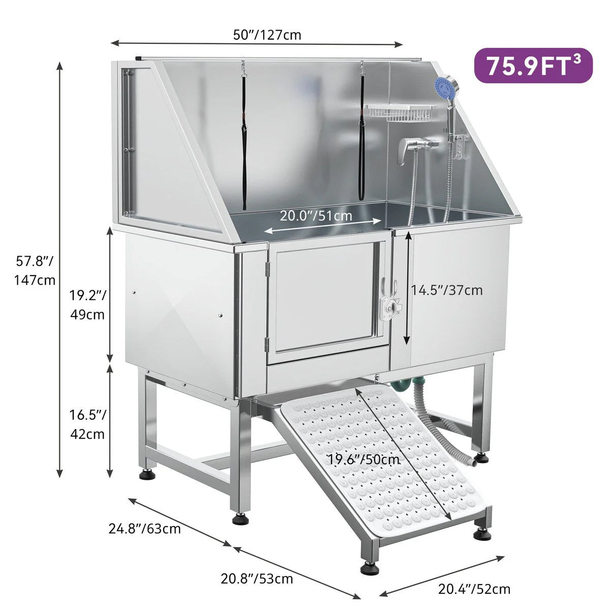 Baignoire de toilettage pour animaux de compagnie réglable, 50 W, en acier inoxydable, avec rampe à marches