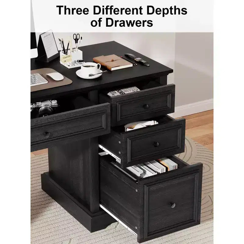Dyonery 60 Farmhouse Executive Office Desk with Drawers and File Cabinet, Embossed Texture Wood Home Office Desk,Black/Brown/White and brown