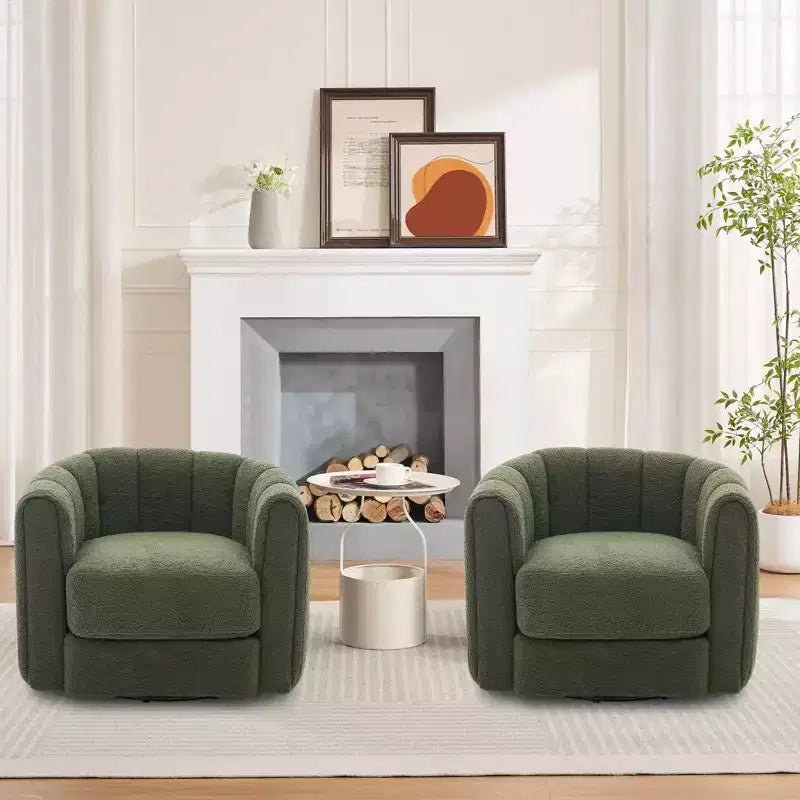 Modern 360 Swivel Barrel Accent Chair Set of 2  Soft-like Stuffed Fabric Upholstered  Green