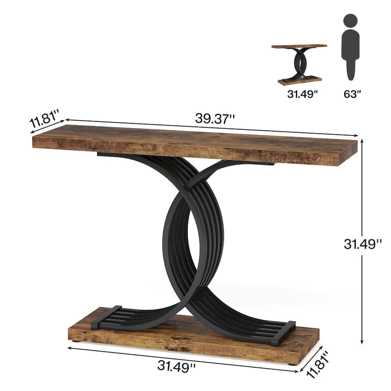 Black/ Gold Modern Sofa Table with Faux Marble Tabletop, 39 Inches Wood Foyer Table with Geometric Metal Legs for Entryway