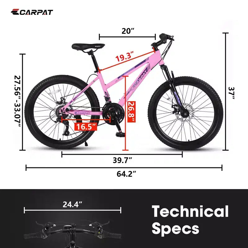 Okak 24/26IN Mountain Bike with 21 Speeds and Dual Disc Brakes, Kids Bike with 100mm Front Suspension, Dirt Bike for Teenagers and Women