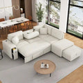 Canapé d'angle 4 places avec lit gigogne, pouf, ports USB et tablette rabattable