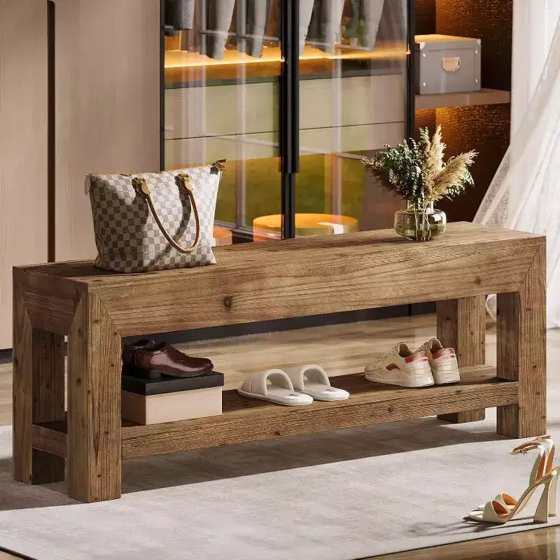 47.24 Solid Wood Entryway Bench with Open Shelves, Rustic Brown