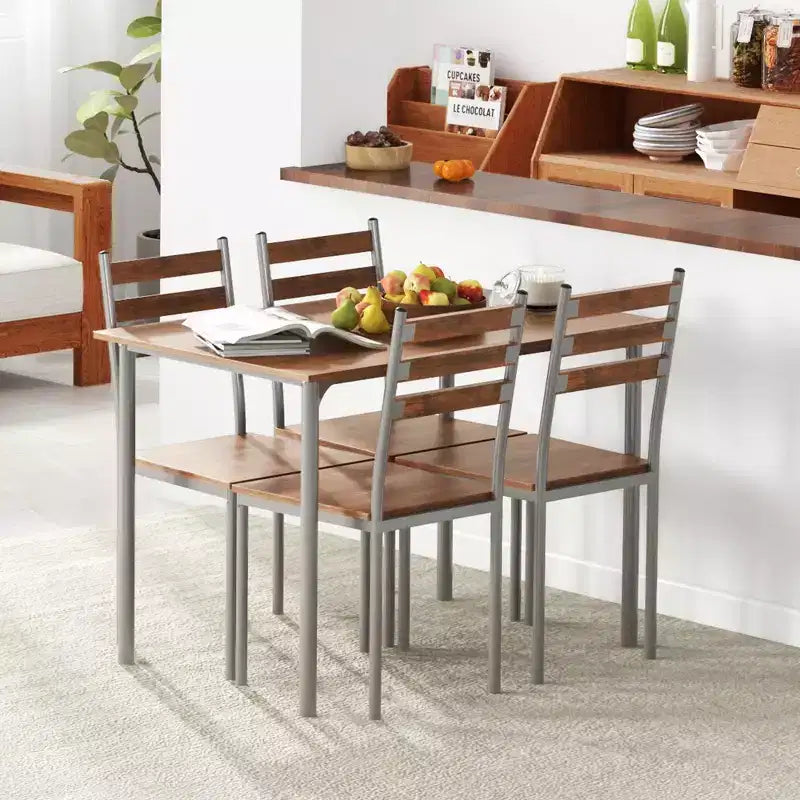 HOMCOM Modern 5-Piece Wooden Counter Dining Kitchen Table Set, 1 Table 4 Chairs Metal Legs, Suitable For Outdoors