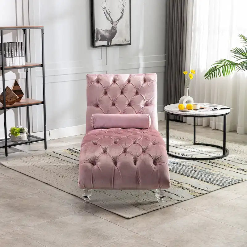 Chaise longue inclinable en velours capitonnée avec oreiller et pieds en acrylique