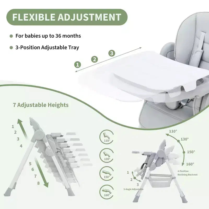 Foldable High Chair for Babies&Toddlers,PU Leather Highchair with Adjustable Backrest,Seat Height,Removable Tray,5-Point Safety Harness&Locking Wheels
