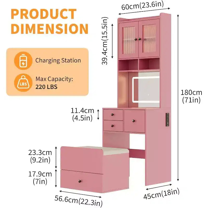 3-in-1 Makeup Vanity Desk with Lighted Mirror, Compact Vanity Table with Drawers, Storage Compartment & Rolling Stool for Bedroom