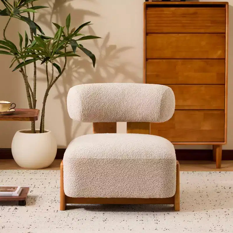 Modern Boucle Accent Chair with Rolled Backrest, Solid Wood Frame, Upholstered Accent Seating for Living Room, Bedroom, or Office