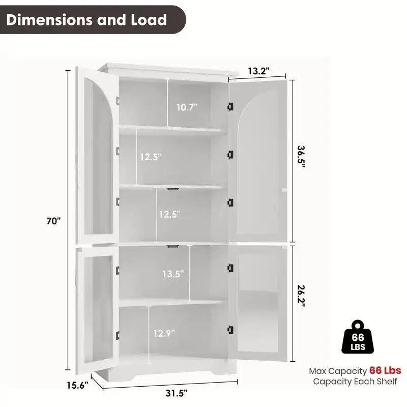 70 Tall Kitchen Pantry Cabinet, Modern Display Cabinet with 4 Arched Glass Doors and Adjustable Shelves, for Kitchen, Living Room, Dining, Bathroom