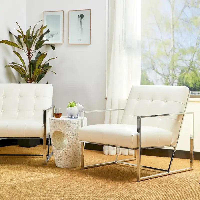 Glitzhome 30.50H Cream Mid-Century PU Leather Tufted Accent Chair with Chrome Plated Frame
